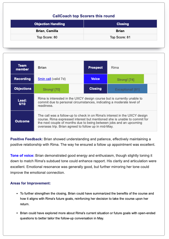 AI CallCoach feedback email example for call centers